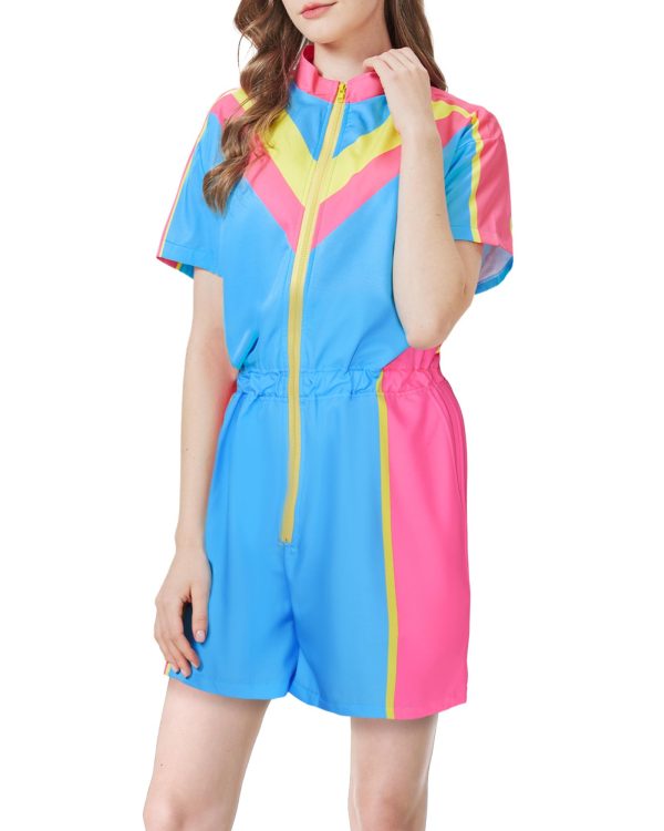80s Color Block One Piece Windbreaker Outfits for Women Neon Short Sleeve Zip Front Elastic Waist Jumpsuit