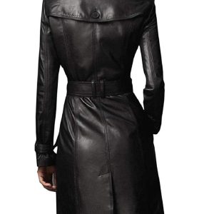 Women Designer Black Trench Leather Long Coat with Belt Trench Coat Slim Fit Style for Ladies