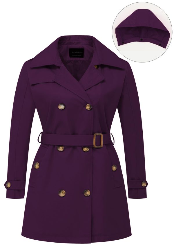 Women's Plus Size Trench Coat Double-Breasted Classic Lapel Overcoat Belted Outerwear Coat with Detachable Hood