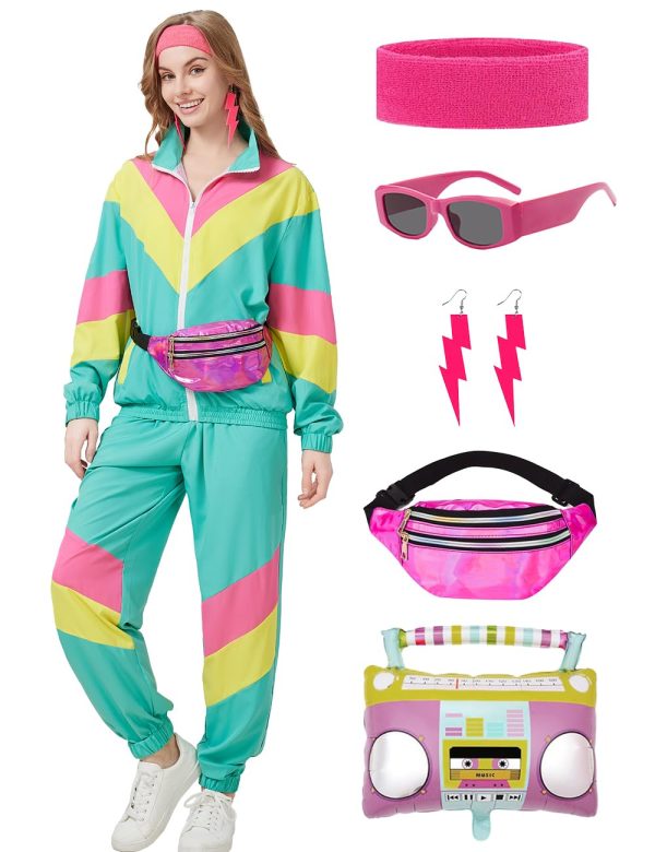 61zPAgRkQkL.jpg 80s Tracksuit for Women Retro Windbreaker Outfit 90s Color Block Sportswear Set with Jacket Sweatpants
