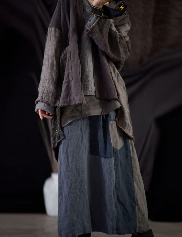 Fall Women Linen Trench Coat Lighweight Open Front Cardigan Patchwork Vintage Loose Windbreaker