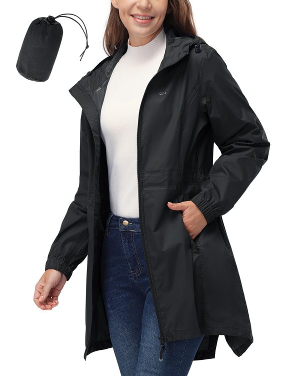 Women's Waterproof Long Rain Coats Packable Rain Jacket with Hood Trench Coats Windbreaker