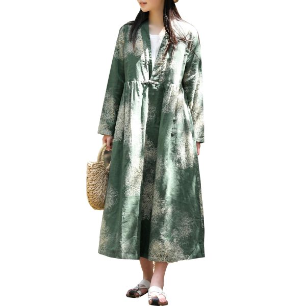 Green Leaf Print Windbreaker Jacket V-Neck Spring & Autumn Button Coat Vintage Robe