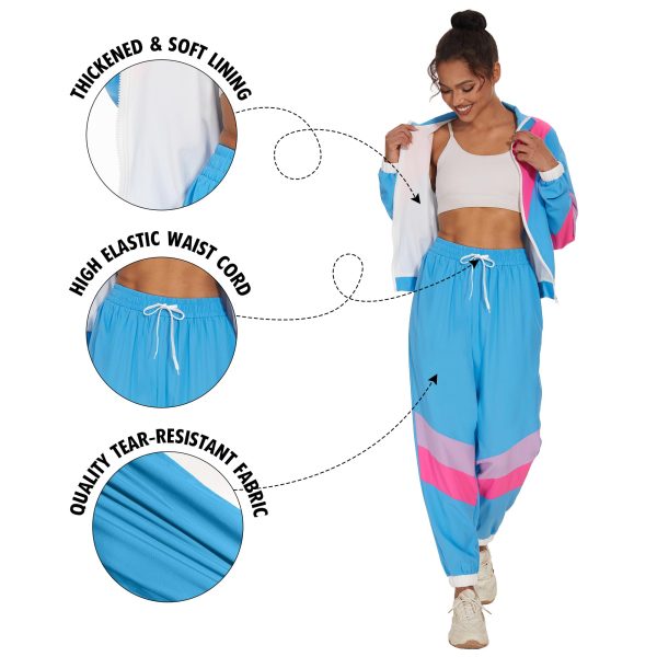 Women's Color Block 2 Piece 80s 90s Outfits Long Sleeve Windbreaker Jacket Tracksuit Set