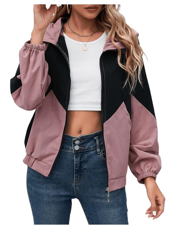 Women's Color Block Hooded Casual Thin Windbreaker Jacket