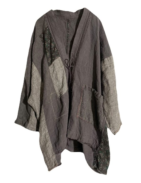 Fall Women Linen Trench Coat Lighweight Open Front Cardigan Patchwork Vintage Loose Windbreaker
