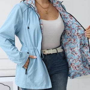 Women's Casual Reversible Coat Plus Size Floral Print Windbreaker Lightweight Jacket with Hood