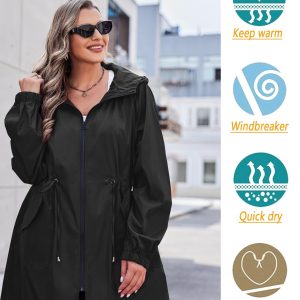 Women's Rain Jacket Plus Size Long Raincoat Lightweight Hooded Windbreaker Waterproof Jackets with Pockets