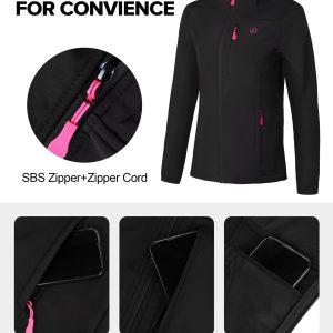 Women's Softshell Jacket with 5 Pockets, Hooded Insulated Windbreaker, Warm Fleece Coat for Hiking Camping Cycling