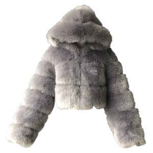 Women Short Faux Fur Coat Cropped Fluffy Jacket Hooded Winter Warm Fuzzy Splicing Jackets Long Sleeve Outerwear