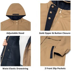 Tanya Womens Hooded Rain Jacket Long Raincoat Trench Coat Windbreaker