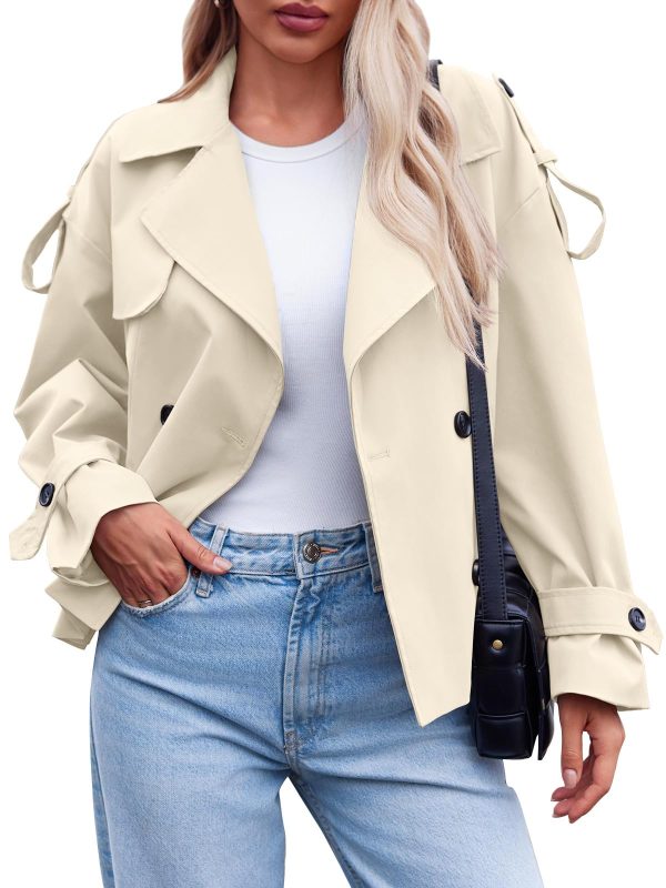 Womens Cropped Trench Coat Casual Double Breasted Short Jacket Fall Fashion Outerwear with Belt