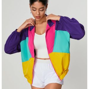 Women's Color Block Zip Up Lightweight Jacket Patchwork Sporty Windbreaker Jacket