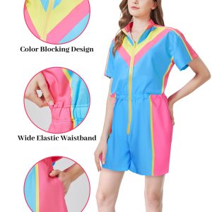 80s Color Block One Piece Windbreaker Outfits for Women Neon Short Sleeve Zip Front Elastic Waist Jumpsuit