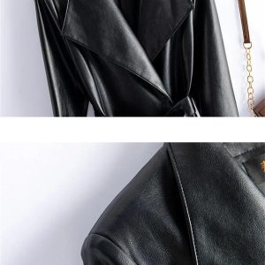 71MM1zjgL.jpg Women Leather Long Trench Coat For Turn Down Collar Sheepskin Jacket With Belt Windbreaker