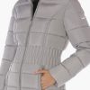 Women's 3/4 Puffer Jacket with Zig Zag Cinched Waist and Faux Fur Trim Hood