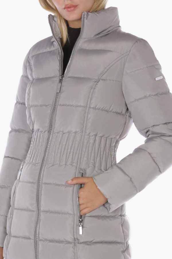 Women's 3/4 Puffer Jacket with Zig Zag Cinched Waist and Faux Fur Trim Hood