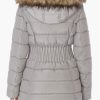 Women's 3/4 Puffer Jacket with Zig Zag Cinched Waist and Faux Fur Trim Hood