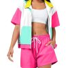 Women's Color Block 80s 90s Outfit 2 Piece Short Sleeve Costume Zip Up Windbreaker Track Suits Set