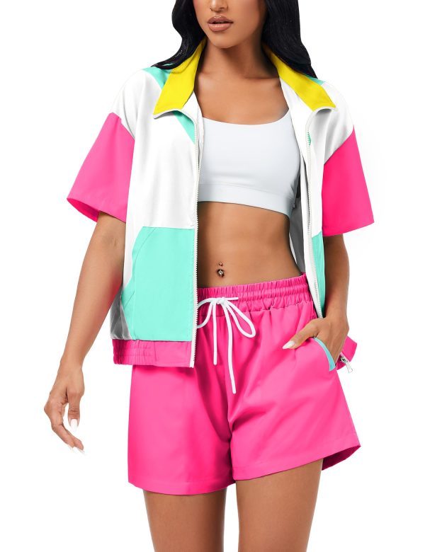 Women's Color Block 80s 90s Outfit 2 Piece Short Sleeve Costume Zip Up Windbreaker Track Suits Set