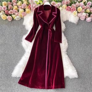 Women Fashion Winter Black fleece Blazer Dress Long Over The Knee Maxi Windbreaker Jacket Slim Coat