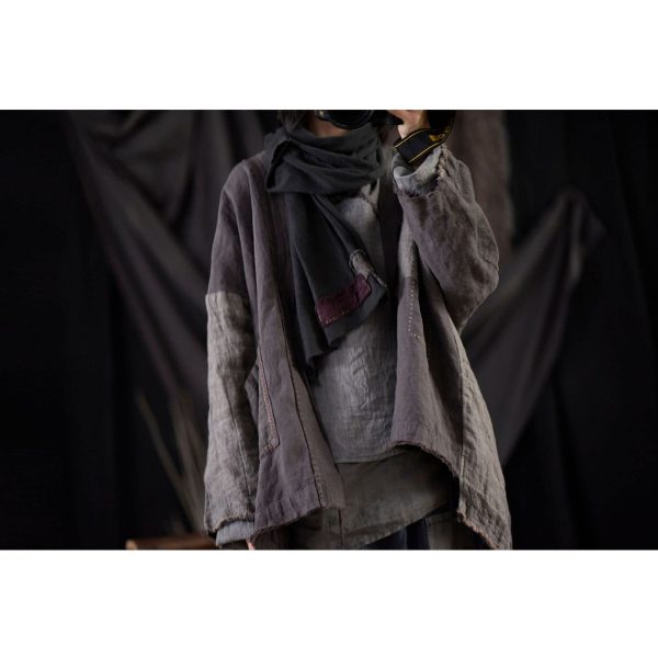 Fall Women Linen Trench Coat Lighweight Open Front Cardigan Patchwork Vintage Loose Windbreaker
