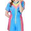 80s Color Block One Piece Windbreaker Outfits for Women Neon Short Sleeve Zip Front Elastic Waist Jumpsuit