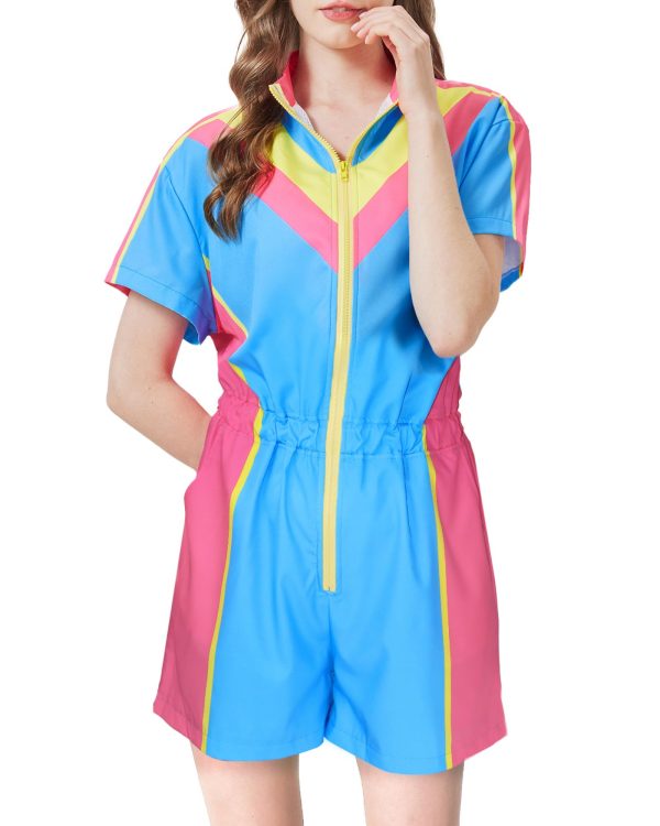 80s Color Block One Piece Windbreaker Outfits for Women Neon Short Sleeve Zip Front Elastic Waist Jumpsuit
