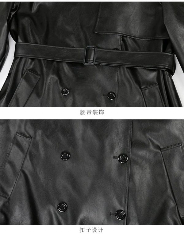 Women Long Leather Trench Coat For Belt Double Breasted Loose Windbreaker