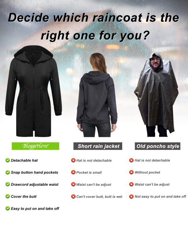 71feyLL96RL.jpg Women's Rain Jacket Plus Size Long Raincoat Lightweight Hooded Windbreaker Waterproof Jackets with Pockets