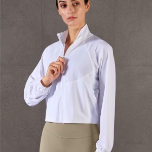 Women's Athletic Running Yoga Gym Track Zip Up Cropped Jackets UPF 50+ Sun Protection Long Sleeve Workout Shirts