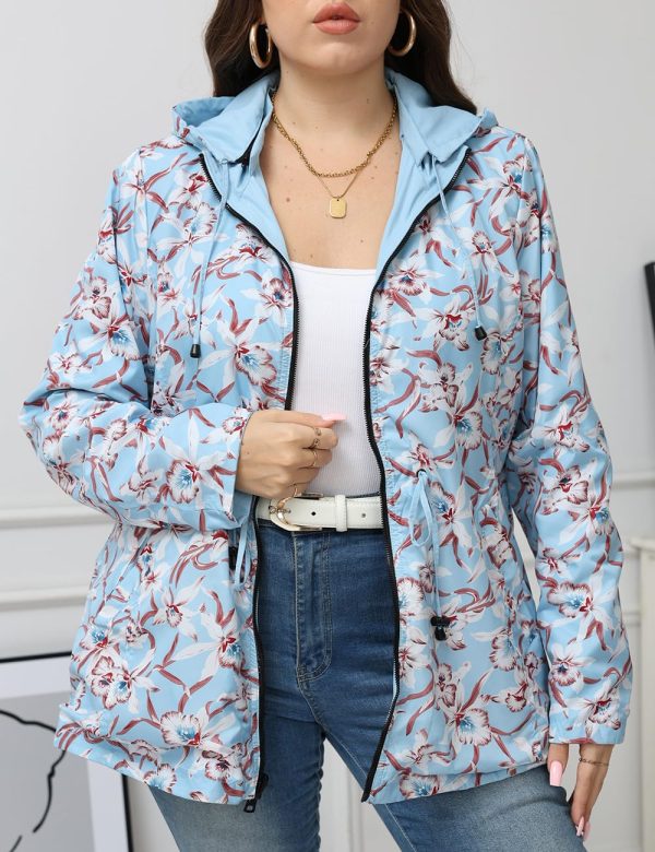 Women's Casual Reversible Coat Plus Size Floral Print Windbreaker Lightweight Jacket with Hood