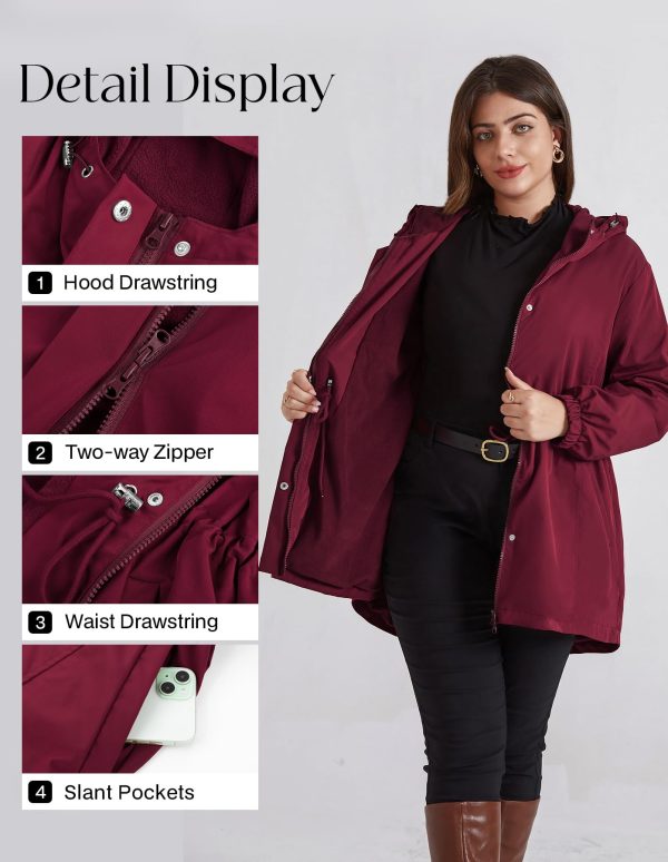 71hMGXxs-KL.jpg Women's Long Rain Jacket Plus Size Fleece Lined Waterproof Hooded Rain Coat Lightweight Pockets Windbreaker Trip