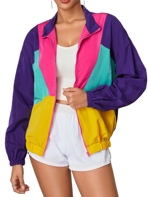 Women's Color Block Zip Up Lightweight Jacket Patchwork Sporty Windbreaker Jacket