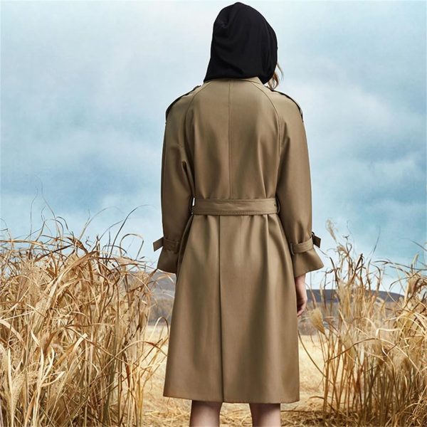 Women's Windbreaker With Belt Solid Jackets Long Trench Coat Lapel Double Breasted Coat