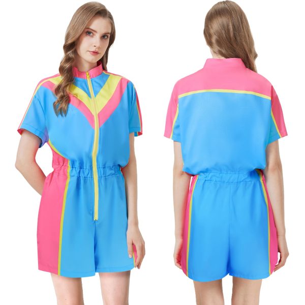 80s Color Block One Piece Windbreaker Outfits for Women Neon Short Sleeve Zip Front Elastic Waist Jumpsuit