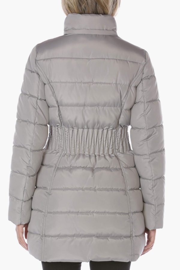 Women's 3/4 Puffer Jacket with Zig Zag Cinched Waist and Faux Fur Trim Hood