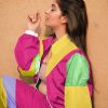 Women's Color Block 2 Piece 80s 90s Windbreaker Outfits Long Sleeve Zip Front Crop Top Tracksuit Set