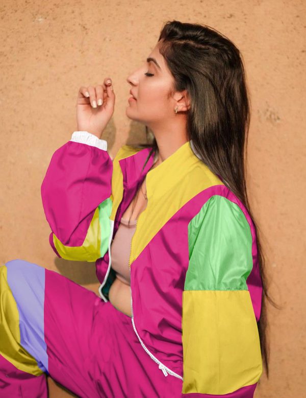 Women's Color Block 2 Piece 80s 90s Windbreaker Outfits Long Sleeve Zip Front Crop Top Tracksuit Set