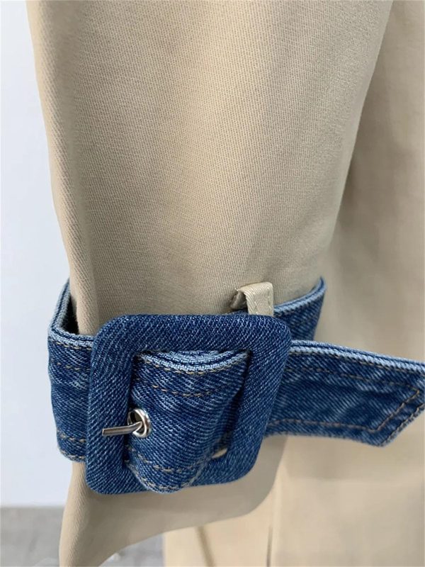 Women's Trench Coat Denim Stitching Lapel Double Breasted Bandage Loose Windbreaker Spring Jacket