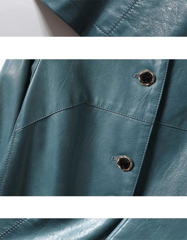 Women Sheepskin O-Neck Single-Breasted Leather Coats Mid Length Outwear Windbreaker