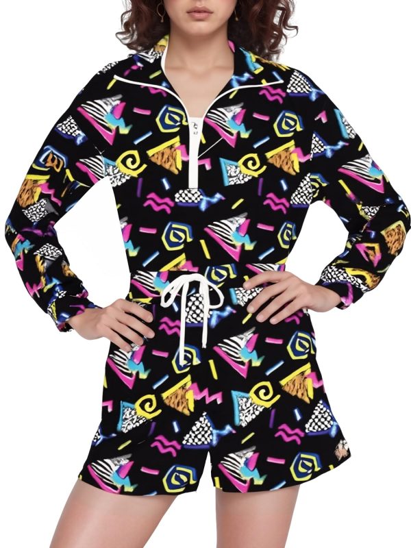 Women's Color Block 2 Piece 80s 90s Outfits Long Sleeve 1/2 Zip Up Windbreaker and Shorts Tracksuit Set