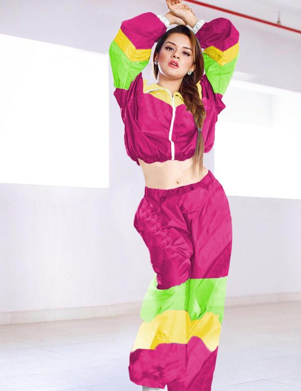 Women's Color Block 2 Piece 80s 90s Windbreaker Outfits Long Sleeve Zip Front Crop Top Tracksuit Set