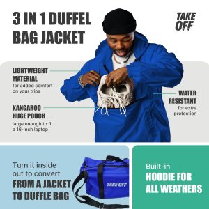 TAKE OFF 3-in-1 Convertible Waterproof Rain Jacket & Travel Duffle Bag for Men & Women – Lightweight Packable Windbreaker with