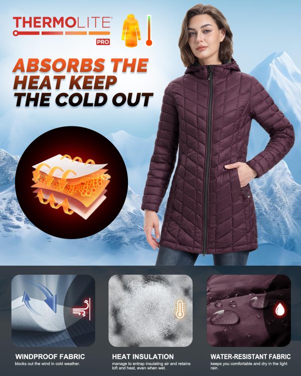 Women's Long Puffer Jacket with Hood, Lightweight Warm Puffy Quilted Winter Coats