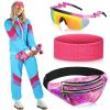 Women 80s Tracksuit Retro Outfit for Women Men Disco Costume Accessories Set Rave Hoodie Colorblock Windbreaker Set