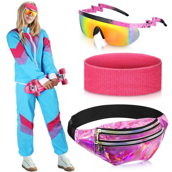 Women 80s Tracksuit Retro Outfit for Women Men Disco Costume Accessories Set Rave Hoodie Colorblock Windbreaker Set