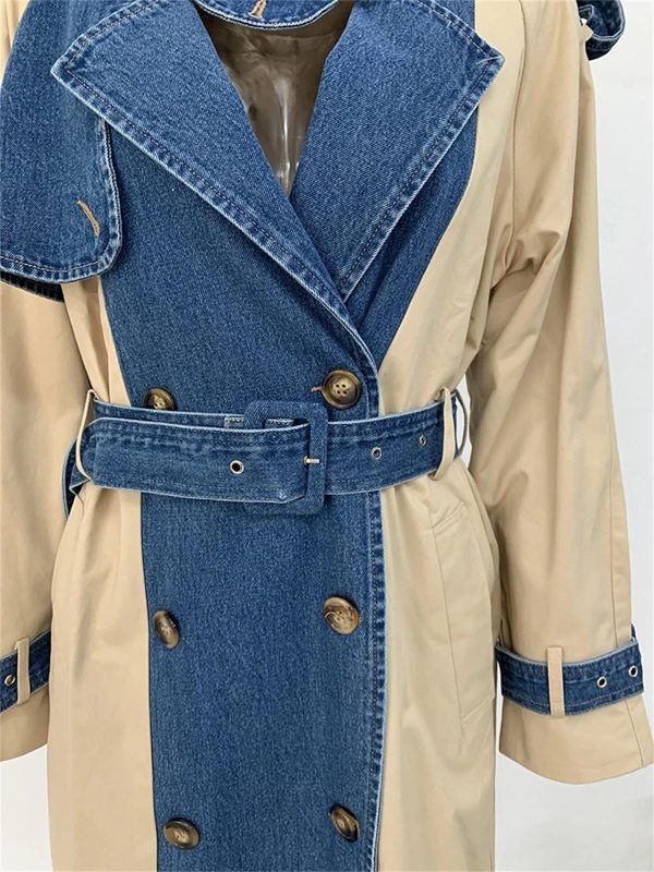 Women's Trench Coat Denim Stitching Lapel Double Breasted Bandage Loose Windbreaker Spring Jacket