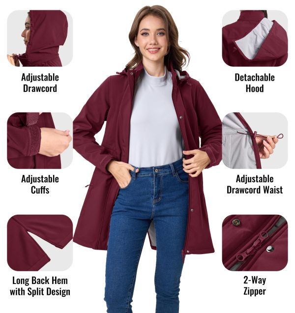 Women's Long Fleece Lined Jackets Warm Winter Windbreaker Rain Coat Hooded Softshell Windproof Insulated