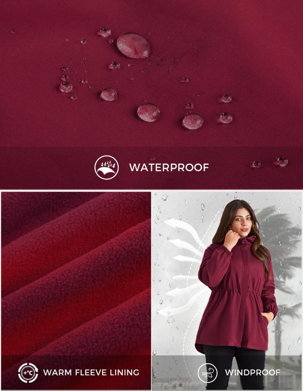 81kmDKaKaaL.jpg Women's Long Rain Jacket Plus Size Fleece Lined Waterproof Hooded Rain Coat Lightweight Pockets Windbreaker Trip